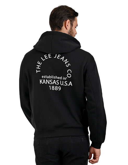 LEE sudadera hoodie negro para caballero con cierre y estampado en espalda.